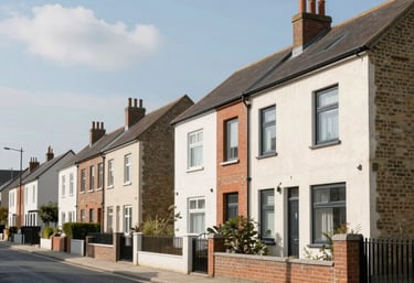 A neat row of well-maintained UK homes under a bright blue sky, symbolizing Harbornest's management.