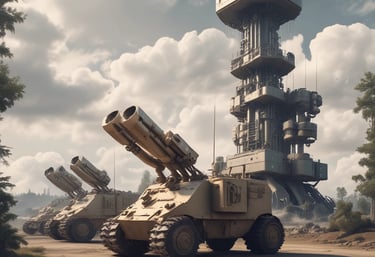 A detailed close-up of military technology equipment with Arabic text overlay.