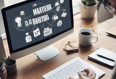 A friendly team brainstorming marketing strategies around a table with laptops and notes.