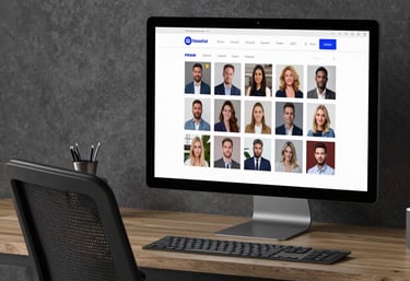 Close-up of hands sketching logo ideas on paper with a black pen, surrounded by design tools.