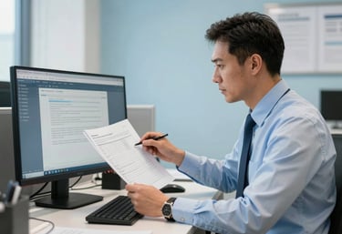 A professional tax consultant in a North American / US office environment reviewing digital documents on a monitor. The room is decorated in sky blue and pearl white tones.