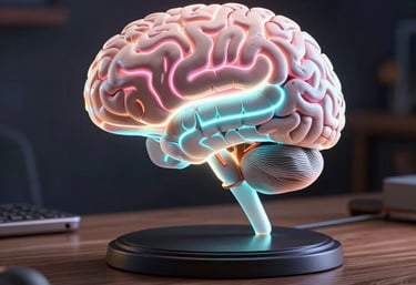 a glowing brain model sitting on top of a table