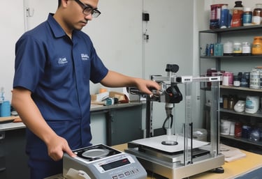 A laboratory apparatus setup featuring a white machine with two nozzles and tubes on top, a blue control unit with digital display and buttons, and a white rectangular box with slotted openings.