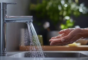 Grifo sensor de acero inoxidable liberando agua mientras una persona se lava las manos, destacando higiene y eficiencia hídri