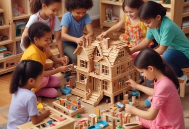 A group of children are engaged in play around a large, wooden dollhouse. The dollhouse is well-crafted with various rooms and pieces of furniture. Dolls are placed throughout, and the children appear to be interacting with the dolls and the house. The children are focused and seem to be enjoying their imaginative play. The scene is well-lit and the background is plain, enhancing the focus on the children and the dollhouse.