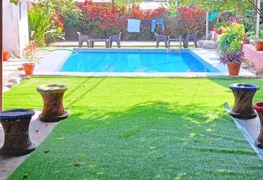 Swimming pool at Jungle Lore Resort with garden and relaxing seating area