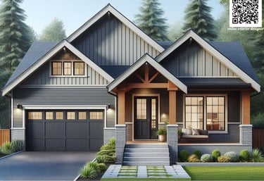 transitional house update, porch, wooden roof, gable accent, black garade, black windows, gray brick