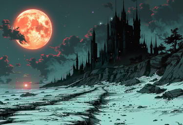 a castle like building with a red moon in the sky