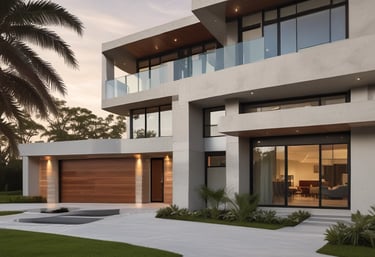 A modern, luxury home with angular lines, concrete exterior with glass, wood accents, and black trim
