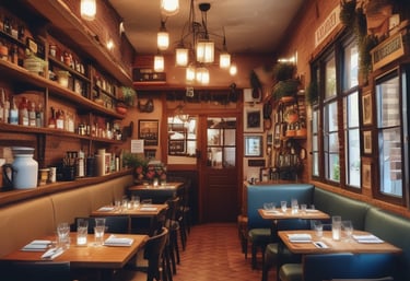 A warmly lit entrance to an Argentine grill, decorated with colorful lights and various objects. The eclectic décor includes hanging lamps, signs, and a red duct. Two people are seen entering the establishment, which is filled with vibrant and inviting lighting.