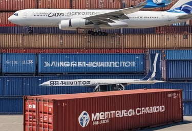 Several stacked shipping containers, predominantly showcasing the brands 'CMA CGM' on blue containers and 'EVERGREEN' on green containers. Below the containers is a blue and white sign with Asian characters.