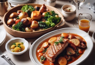 A rustic bistro table set with traditional French dishes and fresh ingredients.