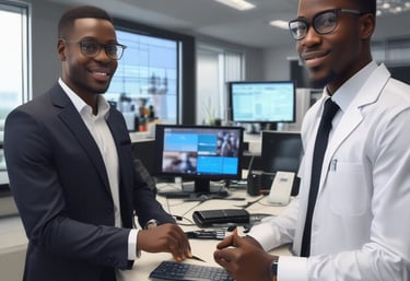 Engineers collaborating over digital infrastructure plans in a bright office space.