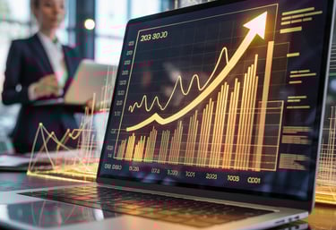 auf einem Laptop wird eine goldene Wachstumskurve angezeigt. Ad Interim Manager im Hintergrund.