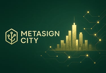 Metasign City graphic in gold on dark green