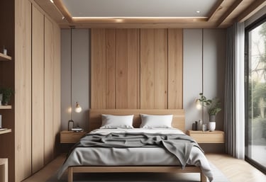 An interior scene featuring a variety of artistic and design elements. A large woven tapestry with fringes is mounted on a textured wall. Below it, a minimalist concrete console table with arched compartments holds several cylindrical and rectangular decorative objects. The ambient lighting is warm, contributing to a cozy atmosphere.