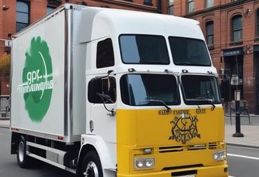 A delivery truck loaded with medical supplies parked outside a healthcare facility.