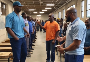 A group of diverse individuals engaged in a meaningful conversation in a supportive environment.