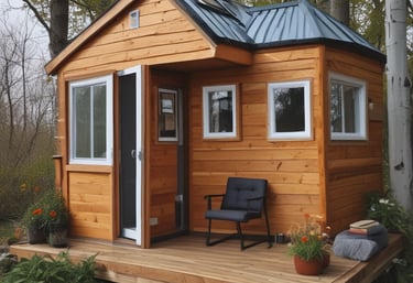 A modern tiny house with large windows is situated amidst a lush green landscape. The structure appears to be a compact living space, featuring an outdoor seating area with a patio umbrella. It is surrounded by tall trees and a grassy field dotted with small wildflowers.