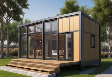 A modern, black tiny house with a single door and a small staircase leading up to it is located in a wooded area. The house features a sleek design with a few windows and is mounted on wheels. The surrounding environment is lush with greenery, and there is a picnic table nearby.