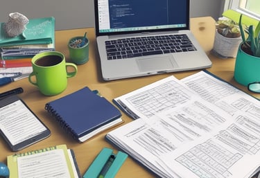 A cozy coffee shop setting with a laptop and teaching resources on the table.