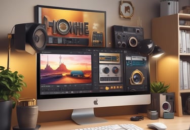 A conference room setting with several laptops on a large table, each being used by a person. A large screen displays a blue interface with the text 'Generate ad creatives from any website with AI'. A stainless steel water bottle and a conference phone are also visible on the table.