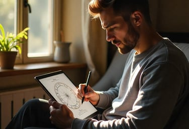 a person learning astrology online with a pen in hand