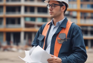 A construction site with large concrete pillars supporting an elevated structure. In the background, there is a blue and orange industrial crane with a number 3 visible on it. The setting appears urban, with buildings surrounding the construction area.
