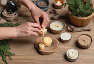A person is engaged in crafting activities at a wooden table, working with blue clay or wax. They are holding a small round piece and a brush, surrounded by numerous carved or stamped clay items. The table is scattered with crafting tools, leaves, and materials, including envelopes, brushes, and a bowl of blue clay items.