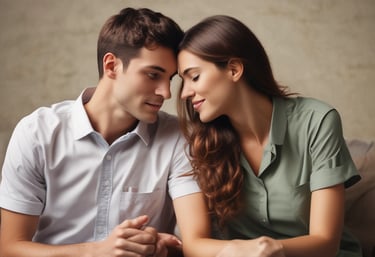 A group of people gathered around a table, where a person in the center seems to be receiving comfort or support. The atmosphere appears intimate and focused, with individuals displaying attentive body language.
