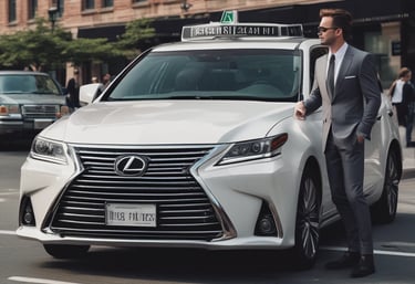 A red taxi with the branding 'Transcab' and a phone number is seen driving along a street. The vehicle is in motion, with a driver visible inside. The surroundings include a textured, gray stone building facade with some surveillance cameras mounted above.