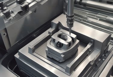 A metalworking machine is in operation, cutting a rectangular shape into a large metal beam. Sparks and a bright cutting line indicate the active laser or cutting tool. The setting appears to be a workshop or industrial environment with visible metal fixtures and structures.