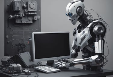 A small, round robot with a smooth white surface and blue accents operates a blue laptop on a sleek, floating platform. The robot has glowing eyes and an antenna on its head, with an 'AI' emblem on its front.