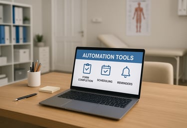 Small medical office replacing paperwork with laptop running automation tools.
