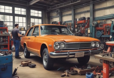A spacious and well-lit automotive repair shop with several vehicles, including a truck on a lift and another with its hood open. The area is organized with tools and equipment scattered around workstations, with blue car lifts and various service bays visible.