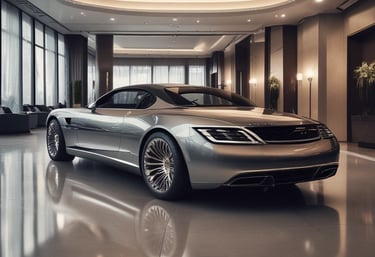 A small automotive repair shop with a distinctive red and white facade, located on a quiet street. The building is one story with large glass windows and a sign displaying the name of the business. A black car is parked in front of one of the garage doors. Tree-lined streets with houses are visible in the background, bathed in the soft light of late afternoon.