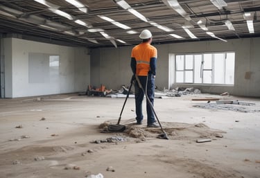 Professional cleaner wearing gloves and mask, carefully cleaning a construction site floor.