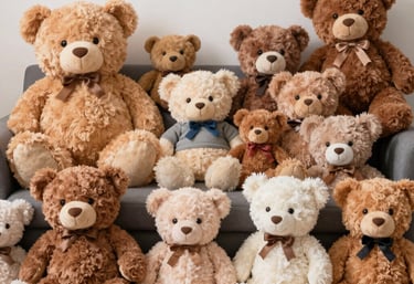 A colorful display of various custom plush toys made from sustainable fabrics arranged on wooden shelves.