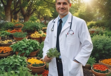 A close-up of fresh fruits and vegetables arranged on a blue tablecloth.