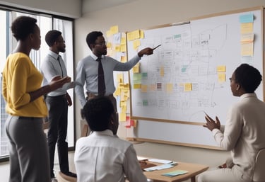 A diverse team collaborating around a modern conference table, brainstorming ideas with digital devices and notes.