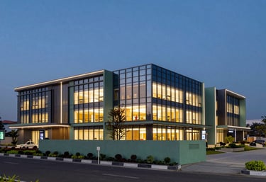 A dusk photography of a sleek, modern commercial plaza with glowing windows in Noida. The building is framed by stylized landscaping in Muted Sage Green. A clear, deep evening sky in a South Asian / Indian urban setting.