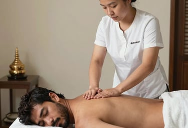 Professional massage therapist performing a relaxing back massage for a man at a wellness spa.