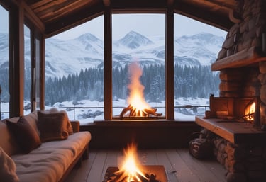 Cozy mountain chalet decorated for winter with snow-covered trees outside.