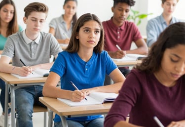 An inspiring academic background showing a modern classroom with students engaged in learning.