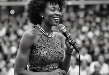 A person is standing on a stage holding a microphone, speaking in front of a large banner. The setting appears to be a formal training or seminar event. The banner contains text about 'Training Andalasian Character' and shows some logos, emphasizing educational or character-building themes. The decor includes wooden paneling and green and white elements.