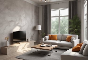 A modern interior space featuring a polished stone floor and wooden walls illuminated by warm, recessed lighting. A grid-like ceiling structure adds architectural interest, and an exterior view of trees is partially visible through glass doors or windows.