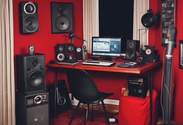 A modern music studio with vibrant red and blue lighting, featuring a large mixing console with a digital display showing the logo 'MMP'. Studio monitors and electronic equipment are visible around the console.
