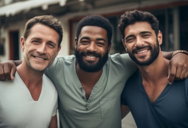 three men standing next to each other in a group