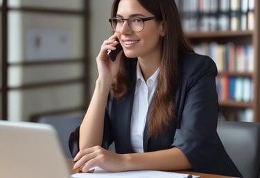 A woman in a black suit is seated at a wooden desk with an open laptop in front of her. She is reaching for a traditional black rotary phone on the desk. The workspace includes decorative elements such as a vase with dried grass, a small plant, and a stack of books. A lamp stands in the background.