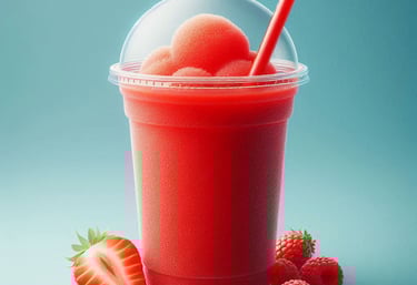 a cup of red slushy next to strawberries